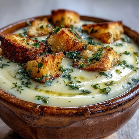 Steaming bowls of Garlic and Herb Soup garnished with fresh parsley and chives.