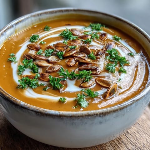 Cozy bowl of velvety Pumpkin Soup garnished with fresh parsley and toasted seeds.