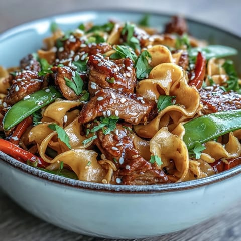A close-up highlights glistening noodles, colorful bell peppers, and tender pork, perfect for a busy weeknight dinner.