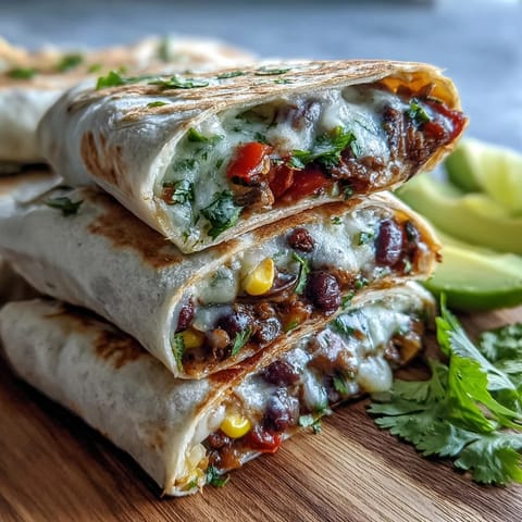 Freshly rolled veggie burritos loaded with spicy beans and corn, served with avocado and salsa.