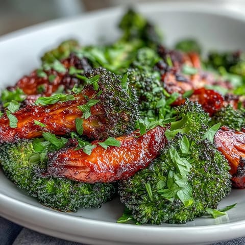 Roasted harissa broccoli and flatbreads topped with creamy Greek yogurt, fresh cilantro, and lemon wedges.