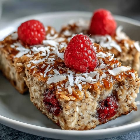 Golden brown Baked Oatmeal with Raspberry and Coconut cooling on a tray, ready for a cozy breakfast.