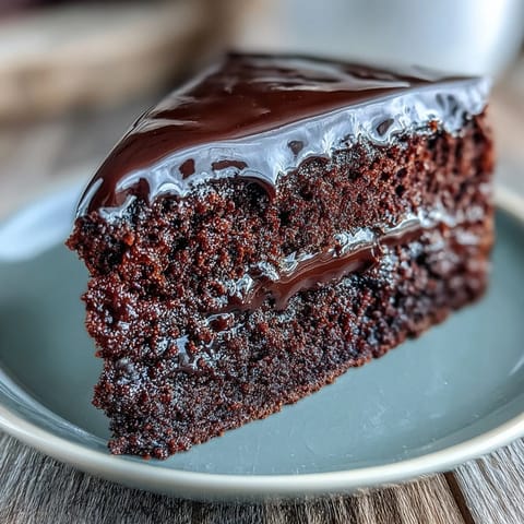 A slice of Easy Chocolate Fudge Cake reveals a squidgy crumb and silky-smooth chocolate icing on a rustic plate.