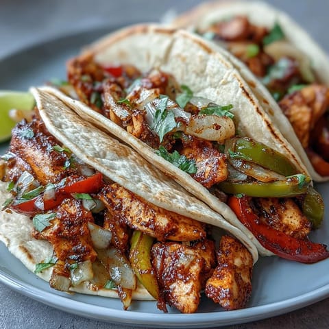 Tender marinated chicken strips seared to perfection alongside vibrant bell peppers and onions.