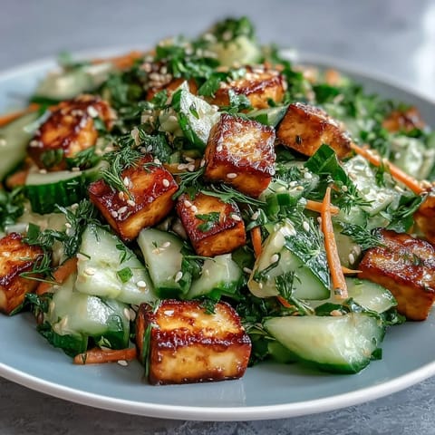 Ultra-crispy soy-braised tofu and crunchy cucumbers tossed in a creamy sesame-ginger dressing, served with fresh cilantro and lime wedges.