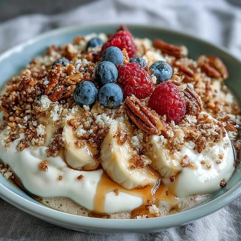 In a white bowl, a warm Protein Pancake Bowl shows fluffy pancake pieces layered with sliced banana, blueberries, strawberries, and a dollop of yogurt, finished with a peanut butter swirl.