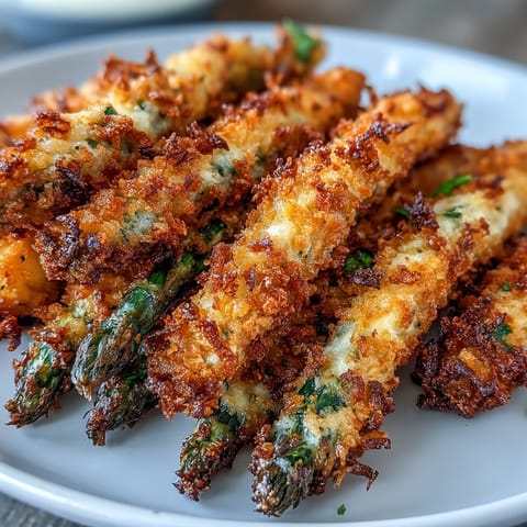 Freshly baked Crispy Asparagus Asiago Spears with a golden, crunchy panko coating, garnished with parsley and served warm from the oven.  