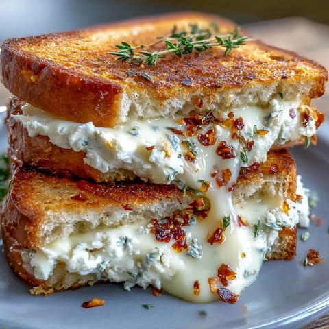 Crispy buttery grilled cheese halves revealing a melty chèvre and honey filling, served on a rustic wooden board.