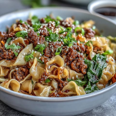 Comforting Potsticker Noodle Bowls served with golden pork, crunchy carrots, and bean sprouts, garnished with sesame seeds and fresh cilantro leaves.