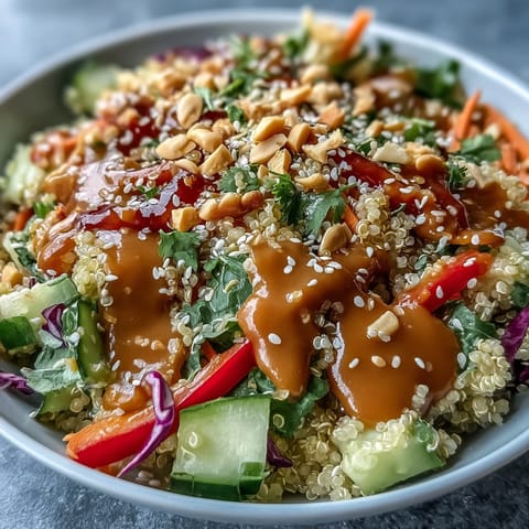 Creamy coconut quinoa in Thai Coconut Quinoa Bowl topped with crisp veggies and a drizzle of peanut dressing.