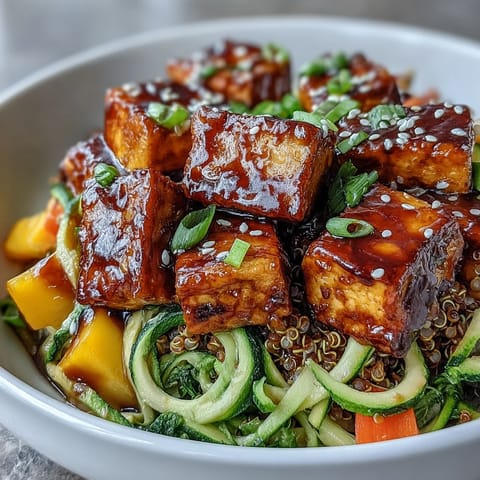 Fork-tender crispy baked tofu rests on fluffy quinoa next to colorful spiralized zucchini and carrots in an Easy Teriyaki Quinoa Bowl.