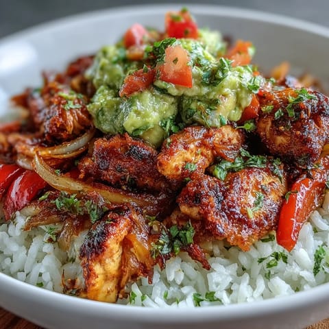 Sizzling roasted chicken tinga, colorful bell peppers, and onions rest on white rice with a side of chunky avocado salsa.
