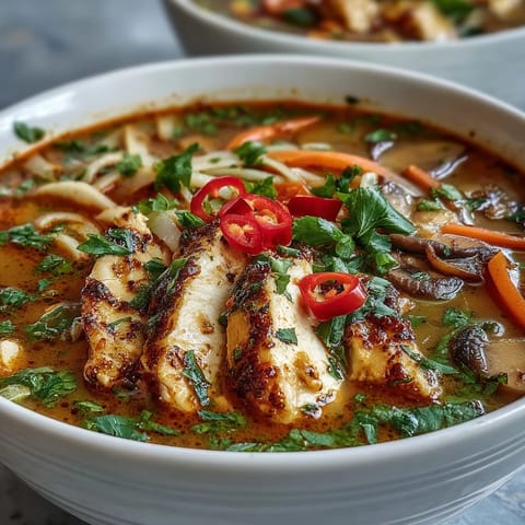 Garnished with fresh cilantro and sliced red chili, this Thai Coconut Curry Soup Bowl offers a zesty, spicy kick.