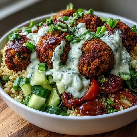 Golden-brown baked falafel rests on a bed of fluffy quinoa and diced cucumbers in this vibrant Falafel Quinoa Salad Bowl.