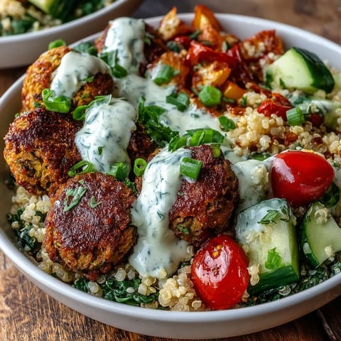 A close-up of the Falafel Quinoa Salad Bowl highlights creamy garlic tahini sauce drizzled over fresh cherry tomatoes and green onions.
