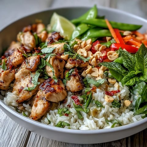 Golden-brown Thai Chicken Coconut Bowl with fluffy coconut rice, fresh herbs, and vibrant red bell peppers.