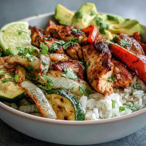 Colorful Sheet Pan Fajita Bowl featuring seasoned chicken, tender veggies, and fluffy cauliflower rice, topped with fresh avocado.