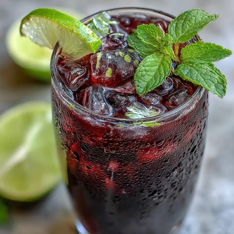 Vibrant Black Currant Mocktail with fresh mint and lime slices over ice in a tall glass.
