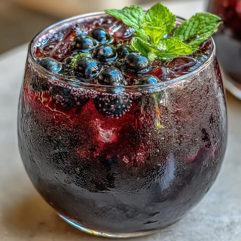 A close-up of the Black Currant It Berry Celebration Drink mocktail with fizzy bubbles and fresh mint garnish.