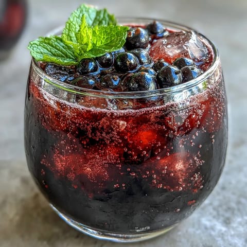 The creamy Black Currant It Berry Celebration Drink smoothie features a rich purple hue and ripe banana slices.