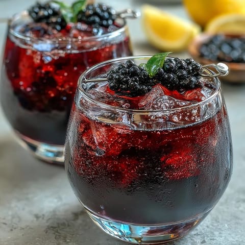 Two elegant glasses of Black Currant and Cassis Cocktail filled with deep purple liquid, garnished with fresh berries and lemon twists, served on a rustic wooden table for a sophisticated aperitif.