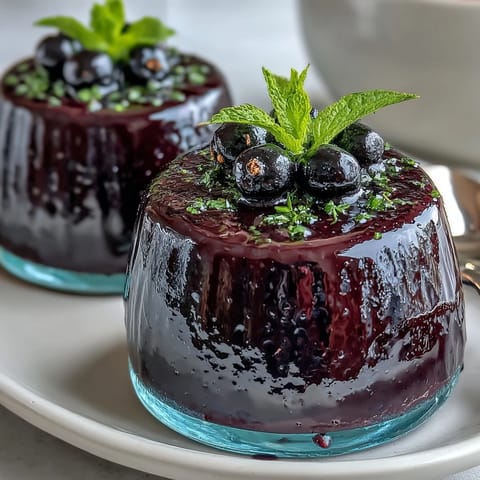The creamy Black Currant Panna Cotta is garnished with fresh black currants and a mint sprig on a rustic table.