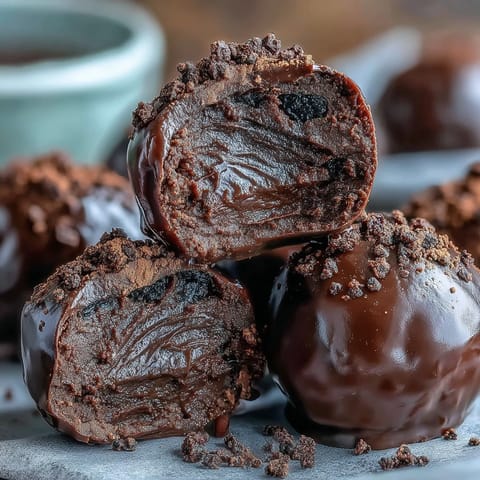 Homemade Black Currant Chocolate Truffles showing a vibrant purple ganache center on a rustic wooden serving platter.