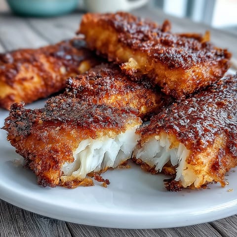 Crispy, golden fried catfish fillets seasoned with Southern spices, served with a zesty remoulade sauce for a classic soul food dinner.  