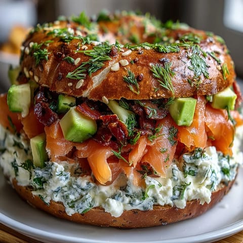 Elegant Smoked Salmon Bagel Board with Cream Cheese, Sliced Bagels, Avocado, Capers, and Lemon Wedges for a Perfect Brunch Spread