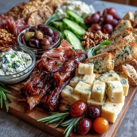 Housewarming Party Charcuterie Board with Dips and Crackers featuring a colorful array of cured meats, cheeses, fresh fruits, and crisp vegetables arranged artfully for easy sharing.