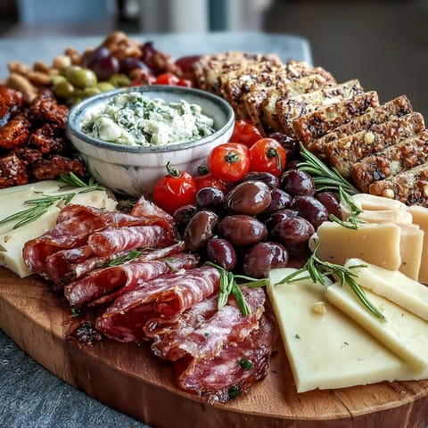 A beautifully crafted Housewarming Party Charcuterie Board with Dips and Crackers, showcasing a tempting spread of savory meats, creamy cheeses, and vibrant produce, perfect for festive gatherings.