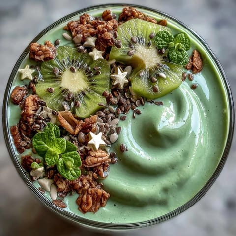 A vibrant green smoothie bowl with spinach, avocado, and protein powder, topped with kiwi shamrock and granola.