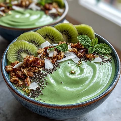 Creamy St. Patrick's Day smoothie bowl with festive kiwi clover design, chia seeds, and mint leaves for a fresh twist.