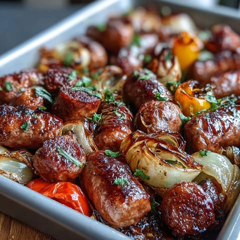 Juicy Italian sausages roasted with colorful bell peppers and sweet onions on a sheet pan for an easy, vibrant dinner.