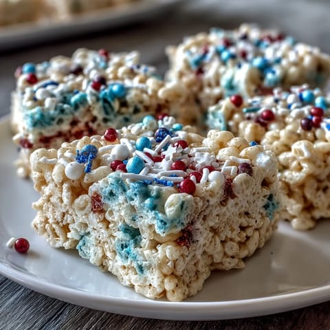 Festive 4th of July Rice Krispies treats with red, white, and blue layers, perfect for Independence Day parties.  