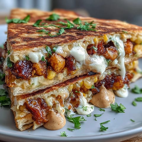 Crispy Cinco de Mayo Street Corn Quesadillas with melty cheese and roasted corn filling, served with smoky chipotle crema.