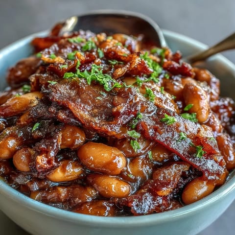 Baked beans with bacon in a cast iron skillet, bubbling with rich brown sugar sauce and crispy bacon topping.