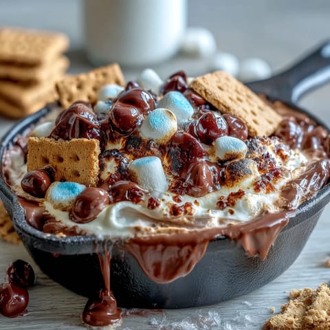 Gooey 4th of July Smores Dip in a cast iron skillet, topped with golden toasted marshmallows and red, white, and blue candies.