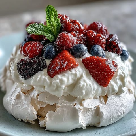 Pavlova with Fresh Berries and Cream: A crisp, marshmallowy meringue base topped with silky whipped cream and vibrant spring berries.