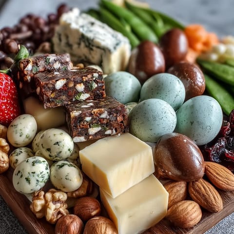 Vibrant mini Easter basket treat board filled with cheeses, meats, fruits, and pastel candies, arranged in festive spring colors.