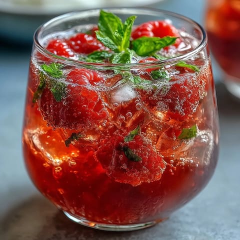 Refreshing raspberry lemon spritz mocktail with fresh berries and mint in a tall glass over ice.