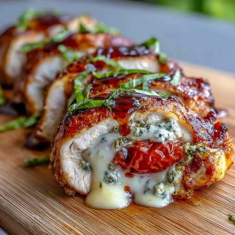 Caprese Stuffed Chicken Breast with melty mozzarella, fresh tomatoes, and basil, baked until golden and juicy.