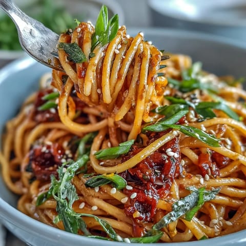Creamy gochujang butter pasta topped with fresh scallions and sesame.