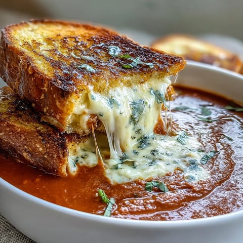 Velvety creamy tomato basil soup with golden grilled cheese croutons, a comforting bowl.