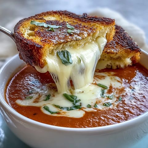 Hearty tomato basil soup, topped with savory grilled cheese croutons, ready to enjoy.