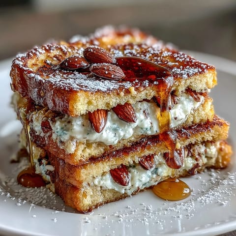 Almond Croissant French Toast with golden brioche slices soaked in almond cream and topped with toasted almonds.