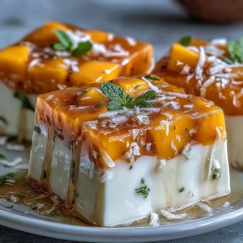 Vibrant mango agar-agar jelly cubes shimmering with creamy coconut milk layers.