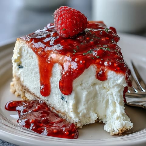 Creamy Mother's Day No-Bake Cheesecake with vibrant raspberry coulis swirls.