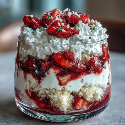 Layers of creamy whipped cream and tart strawberries in this beautiful Strawberry Shortcake Trifle.