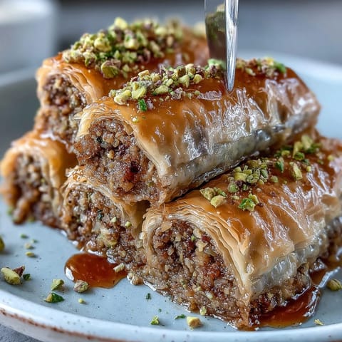 Golden Pistachio Baklava Rolls, crisp and sweet, ready for syrup.